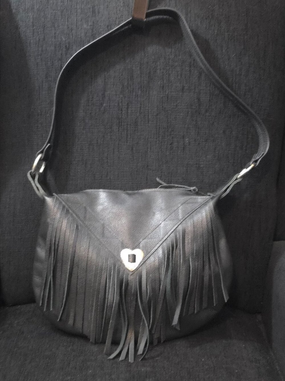 North Star Leather Western Style Black Leather with Fringe Shoulder Bag